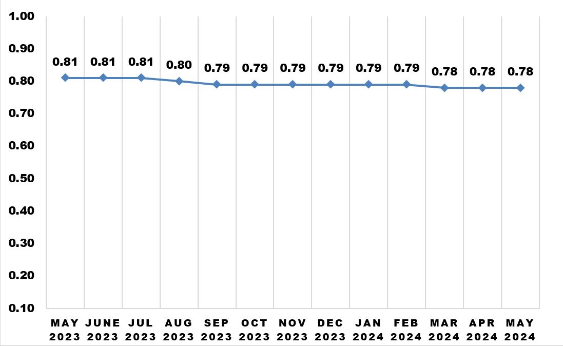 Figure 3: Purchasing Power of Peso (PPP) by Month, Mountain Province: May 2023 – May 2024 (2018=100)